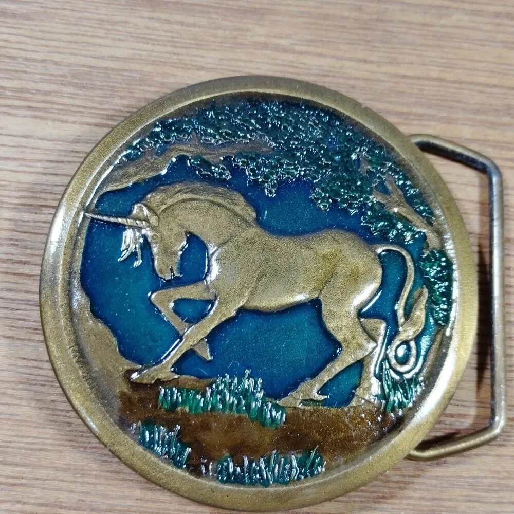 Vintage 1976 Unicorn Brass Belt Buckle Indiana Metal Craft Dege Geen Enamel